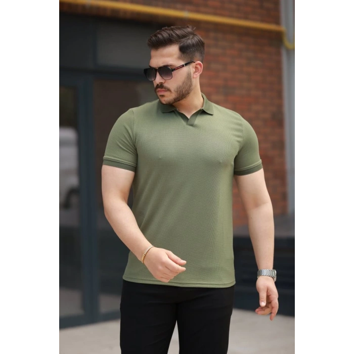Erkek Yakalı Waffle Dokulu Kısa Kollu Tişört