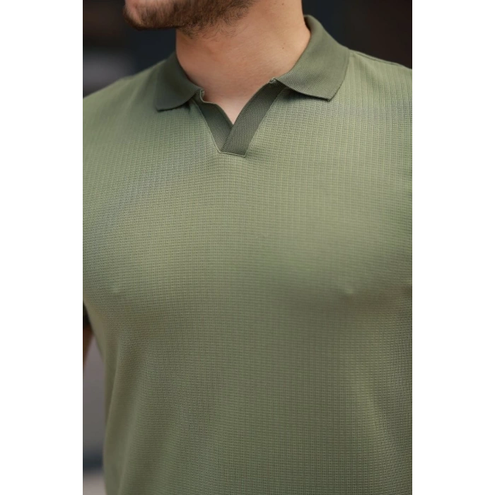 Erkek Yakalı Waffle Dokulu Kısa Kollu Tişört