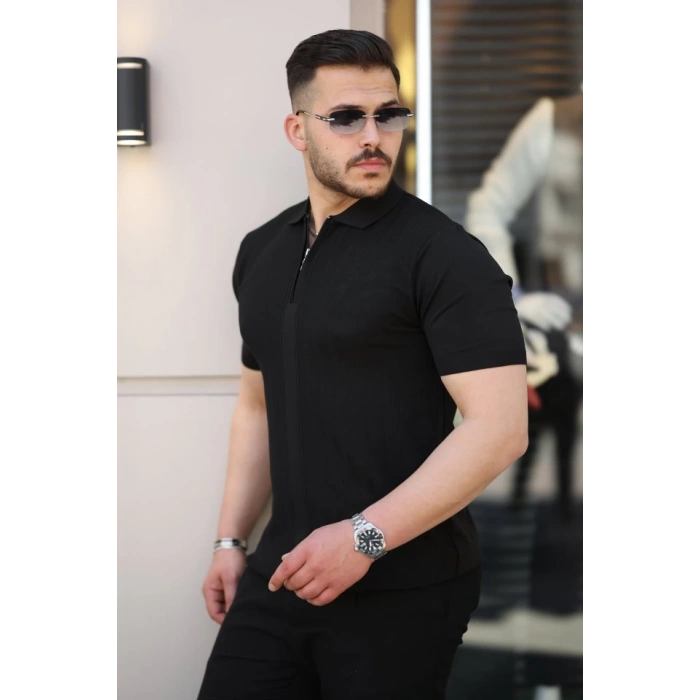 Erkek Yakası Fermuarlı Kısa Kollu T-shirt