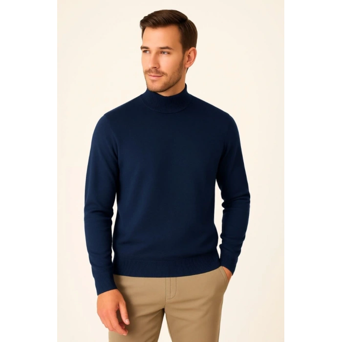 Erkek Yarım Boğaz Triko Kazak Yumuşak Dokulu Pamuklu Ince Dokuma, Uzun Kollu Rahat Regular Kalıp - Lacivert