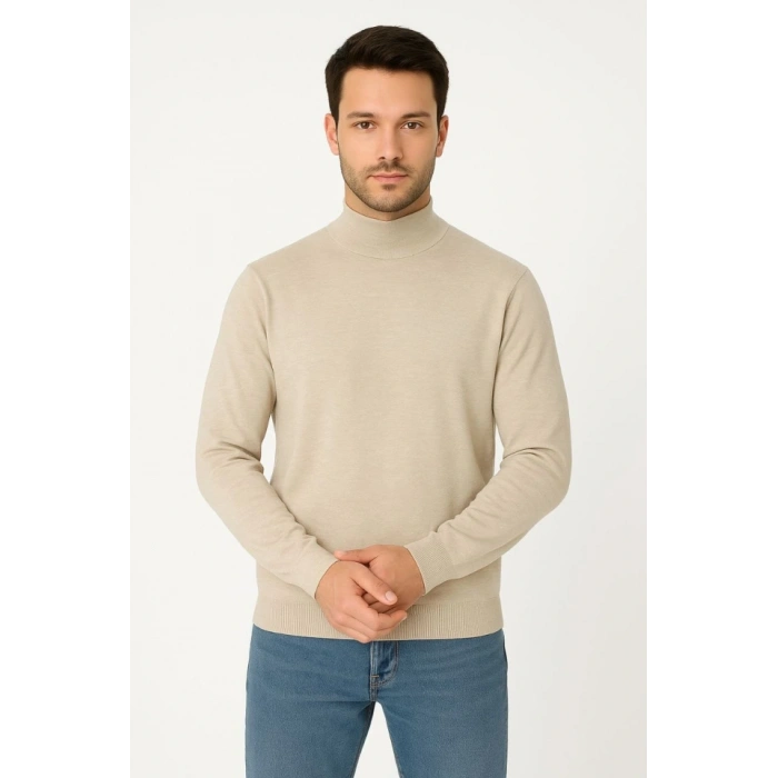 Erkek Yarım Boğaz Triko Kazak Yumuşak Dokulu Pamuklu Ince Dokuma, Uzun Kollu Rahat Regular Kalıp - Bej