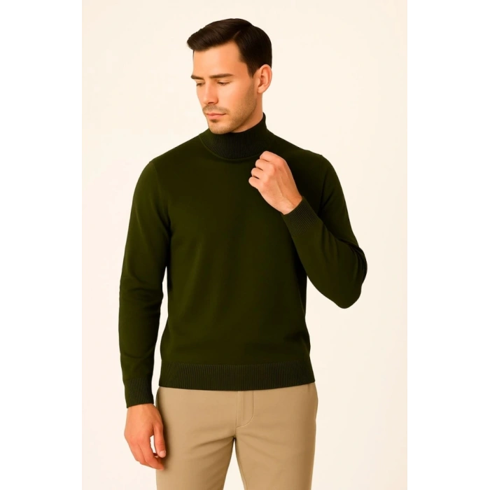 Erkek Yarım Boğaz Triko Kazak Yumuşak Dokulu Pamuklu Ince Dokuma, Uzun Kollu Rahat Regular Kalıp - Haki