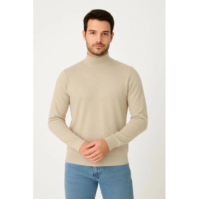 Erkek Yarım Boğaz Triko Kazak Yumuşak Dokulu Pamuklu Ince Dokuma, Uzun Kollu Rahat Regular Kalıp - Bej