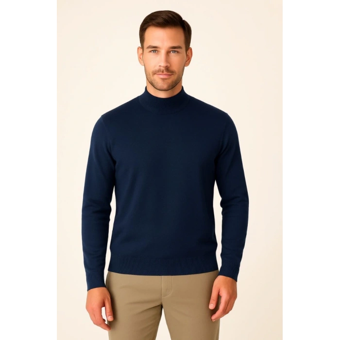 Erkek Yarım Boğaz Triko Kazak Yumuşak Dokulu Pamuklu Ince Dokuma, Uzun Kollu Rahat Regular Kalıp - Lacivert