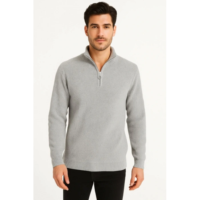 Erkek Yarım Fermuarlı Triko Kazak – Selanik Örgü, Dik Yaka, Pamuklu Dokuma, Regular Fit Uzun Kollu Kışlık Model - Gri