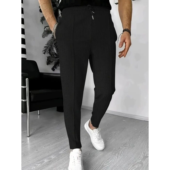 Erkek Yüksek Bel önden Bağcıklı Cepli Waffle Pantolon