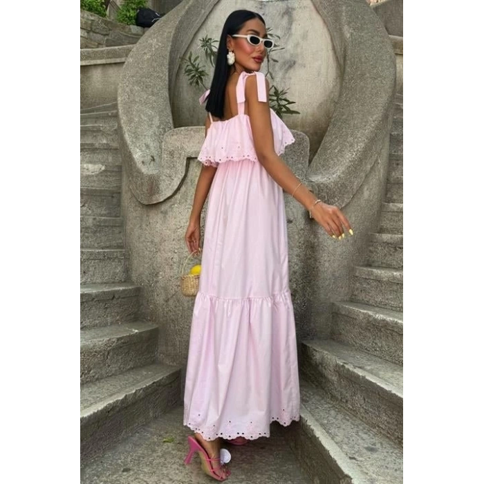 Etek Ucu Brode Nakışlı Boyundan Bağlamalı Elbise 2881