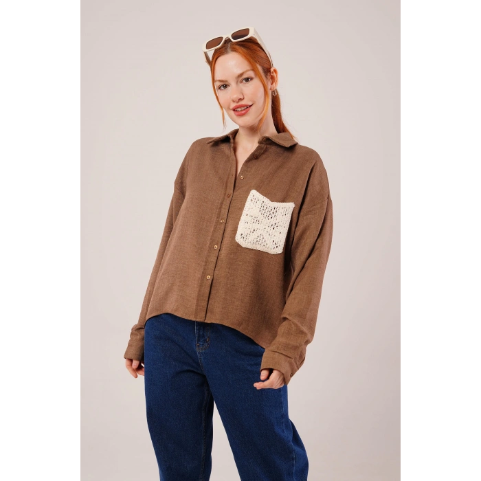 Etnik Cep Detaylı Kahverengi Gömlek