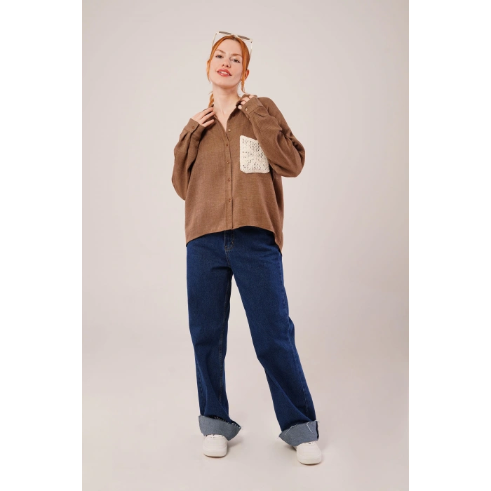 Etnik Cep Detaylı Kahverengi Gömlek