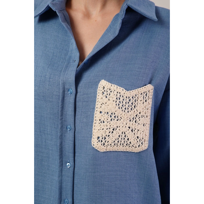 Etnik Cep Detaylı Mavi Gömlek
