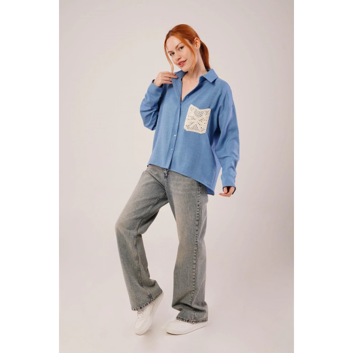 Etnik Cep Detaylı Mavi Gömlek
