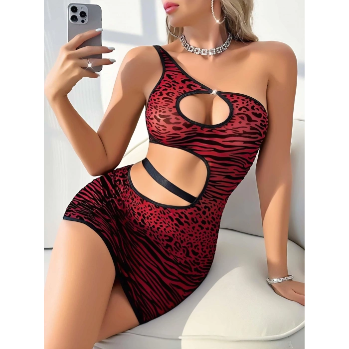 Kırmızı Zebra Desenli Fantezi Clup Elbisesi 5028