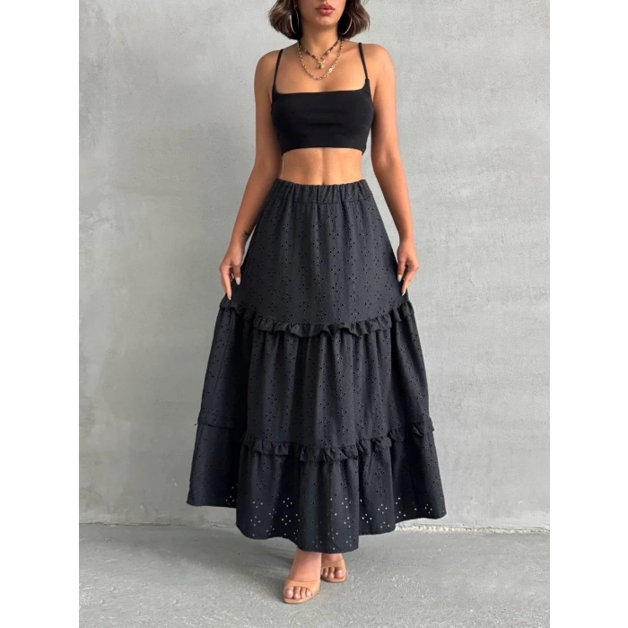 Fırfırlı brodeli astarlı uzun etek siyah s255047