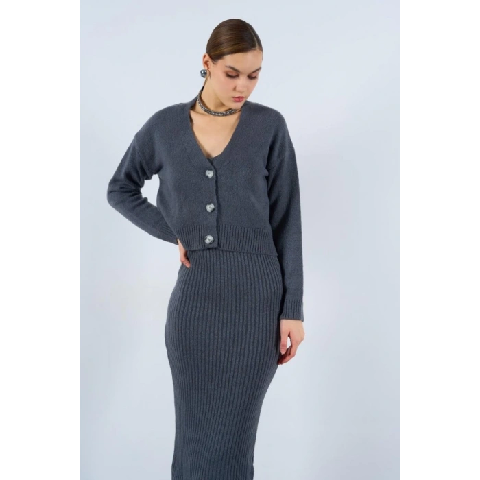 Fitilli Elbise Hırkalı Takım - Füme