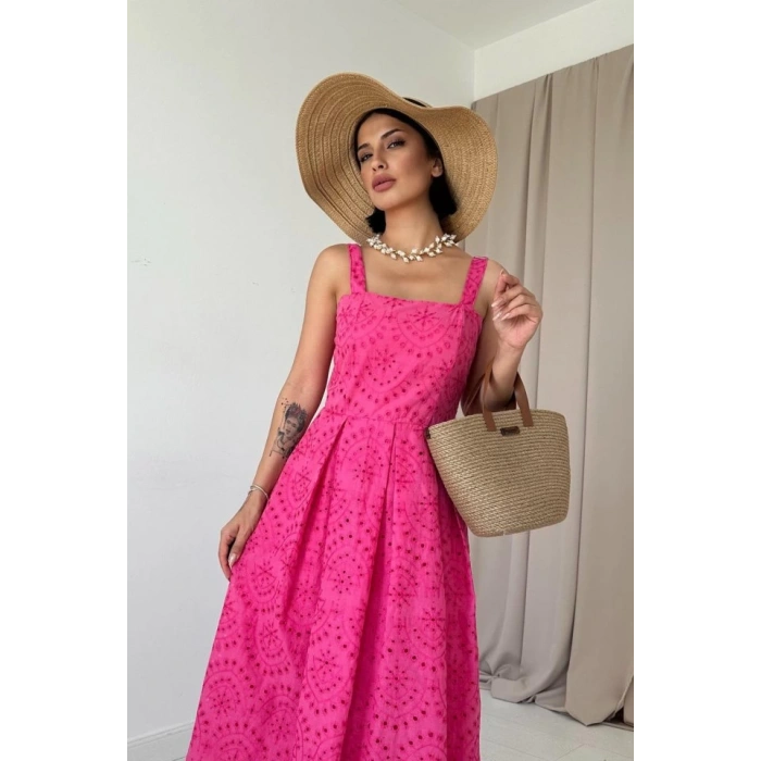 Fuşya Askılı Aparatlı Brode Elbise