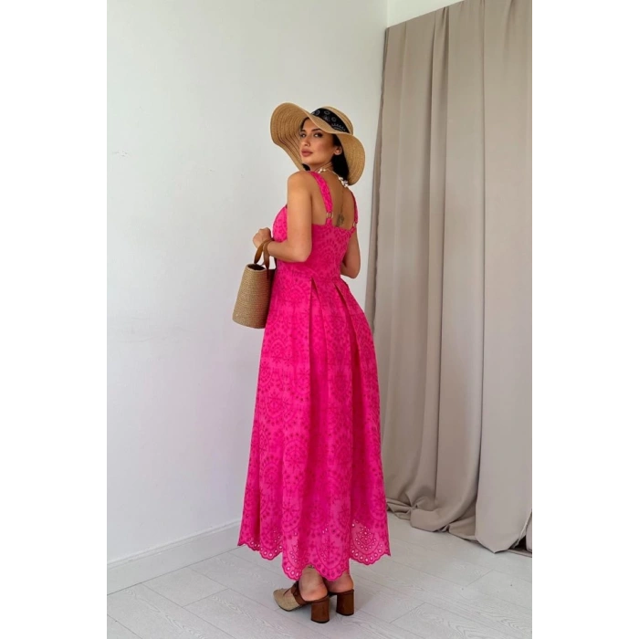 Fuşya Askılı Aparatlı Brode Elbise
