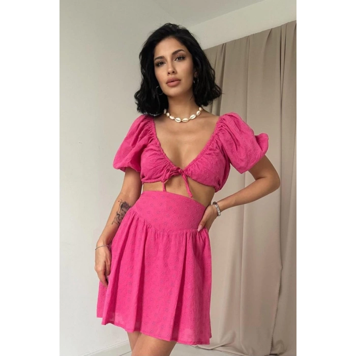 Fuşya Brode Crop Ve Mini Etek Takım