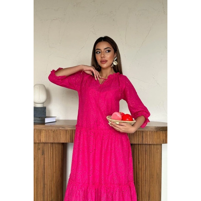 Fuşya Dantelli New Elbise