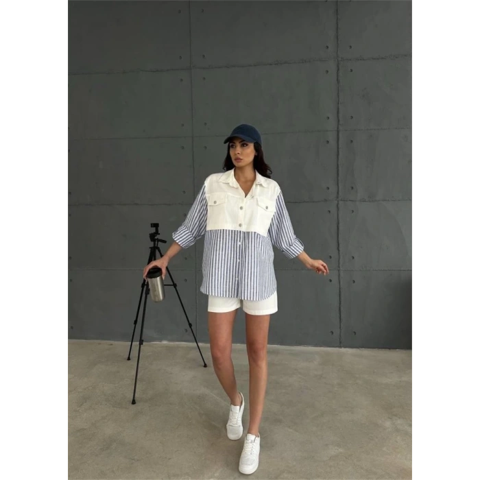 GABARDİN ŞORT - GABARDİN - ÇİZGİLİ KETEN GARNİLİ CEKET TAKIM - Lacivert