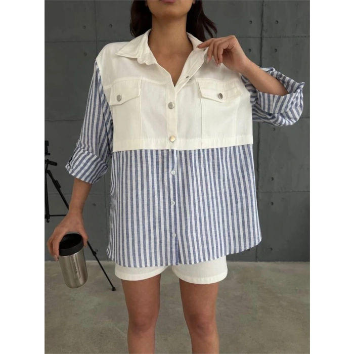 GABARDİN ŞORT - GABARDİN - ÇİZGİLİ KETEN GARNİLİ CEKET TAKIM - Lacivert