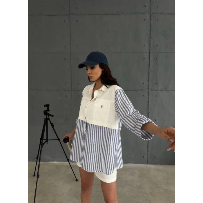 GABARDİN ŞORT - GABARDİN - ÇİZGİLİ KETEN GARNİLİ CEKET TAKIM - Lacivert