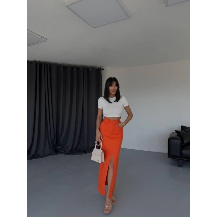 GABARDİN UZUN ÖNDEN YIRTMAÇLI ETEK - Turuncu