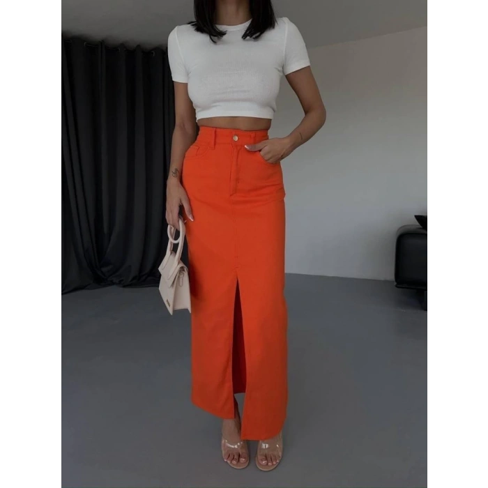 GABARDİN UZUN ÖNDEN YIRTMAÇLI ETEK - Turuncu