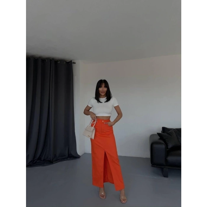 GABARDİN UZUN ÖNDEN YIRTMAÇLI ETEK - Turuncu