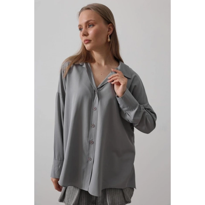 Geniş Manşet Detaylı Gömlek - Gri