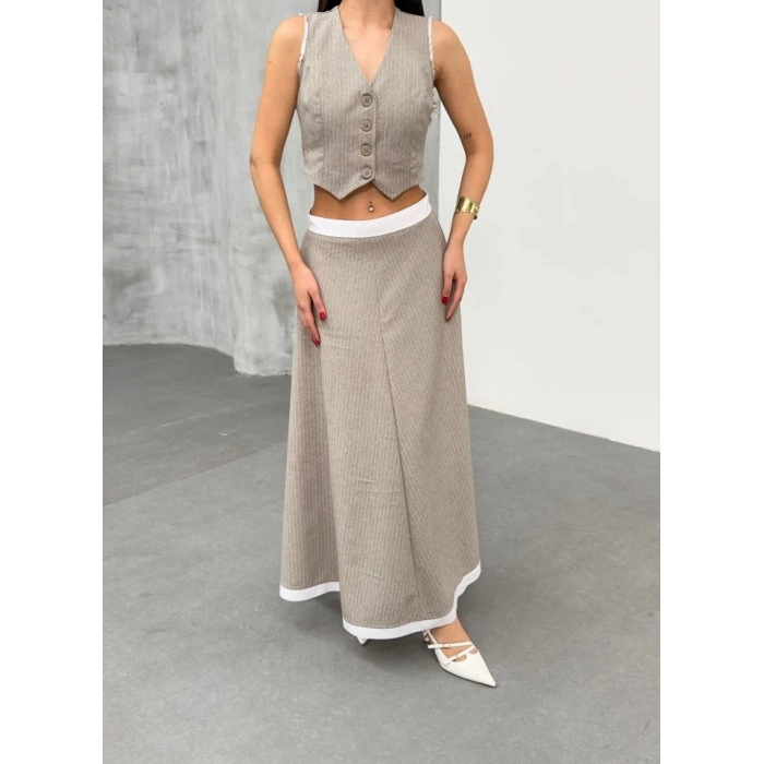 Gi̇o Çi̇zgi̇li̇ Garni̇li̇ Mi̇di̇ Etek Yelek Takim