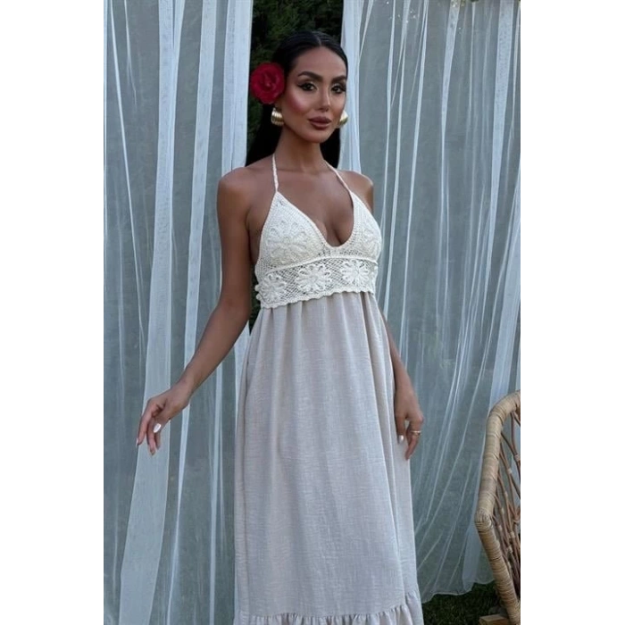 Göğsü Trikolu Keten Uzun Elbise 2904-08