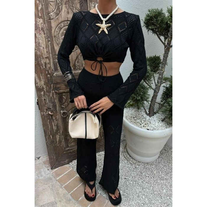 Göğüs Bağcık Detaylı Ajurlu Bluz Pantolon Takım 10098