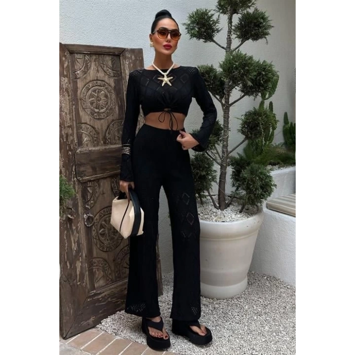 Göğüs Bağcık Detaylı Ajurlu Bluz Pantolon Takım 10098