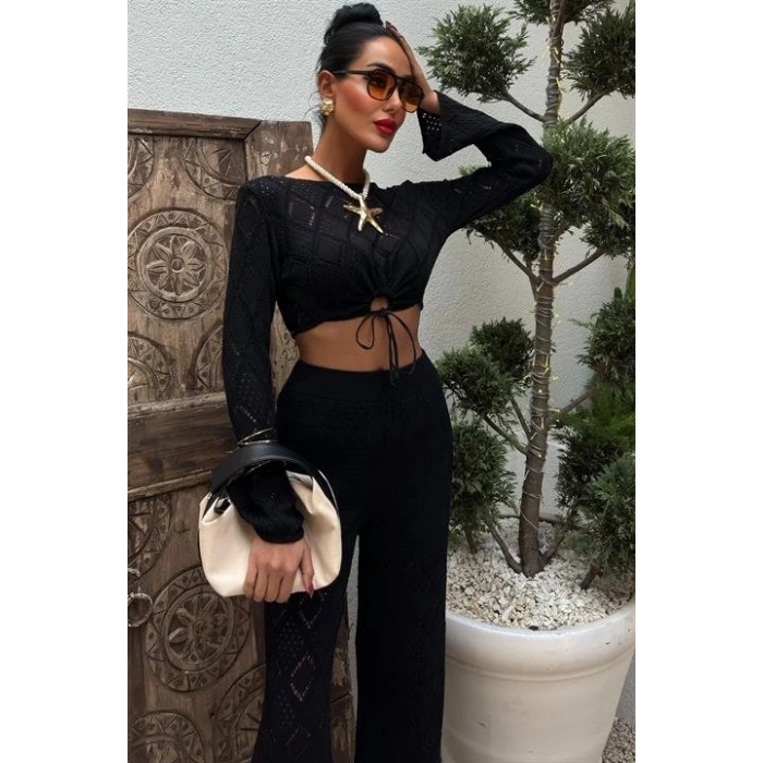 Göğüs Bağcık Detaylı Ajurlu Bluz Pantolon Takım 10098