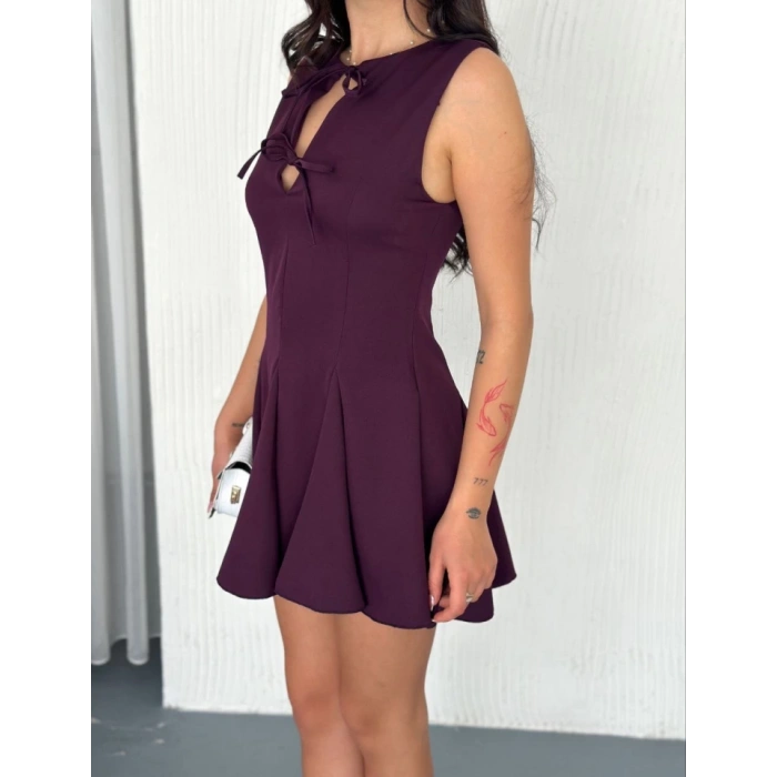 Göğüs Bağlamalı Kolsuz Mini Boy Elbise - Gül Kurusu