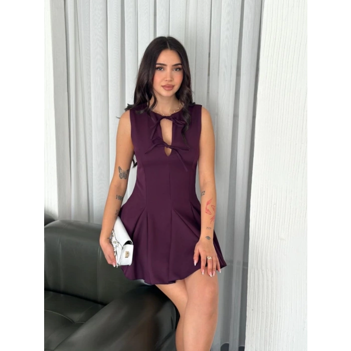 Göğüs Bağlamalı Kolsuz Mini Boy Elbise - Gül Kurusu