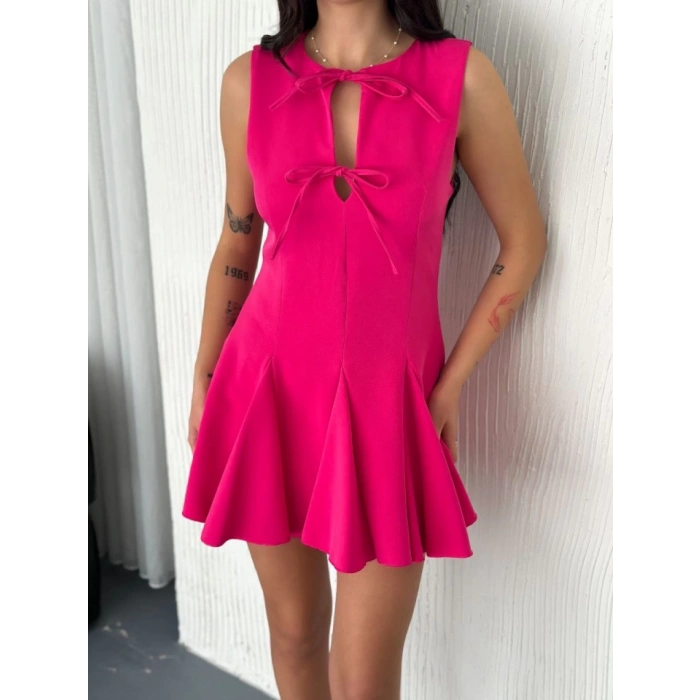Göğüs Bağlamalı Kolsuz Mini Boy Elbise - Pembe