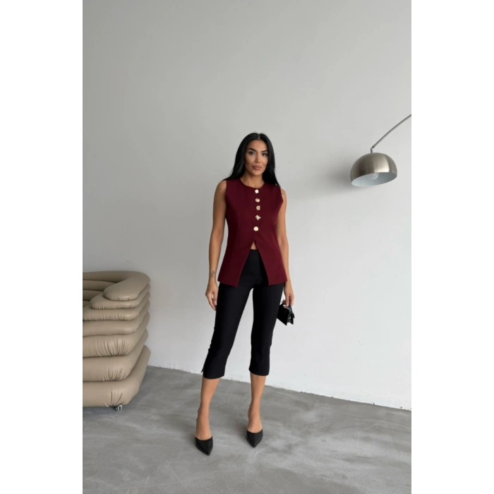 GOLD DÜĞME DETAYLI YELEK - Bordo