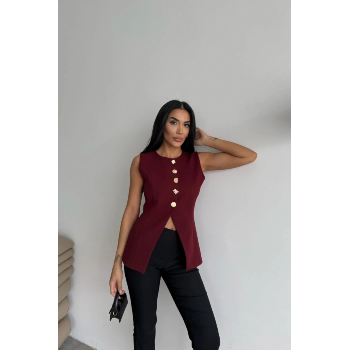 GOLD DÜĞME DETAYLI YELEK - Bordo