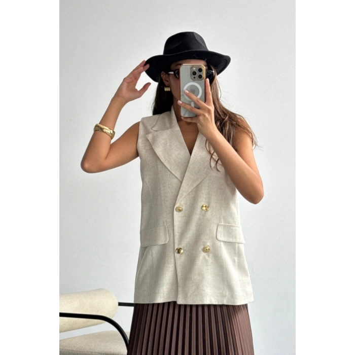 GOLD DÜĞMELİ KETEN YELEK - Ham