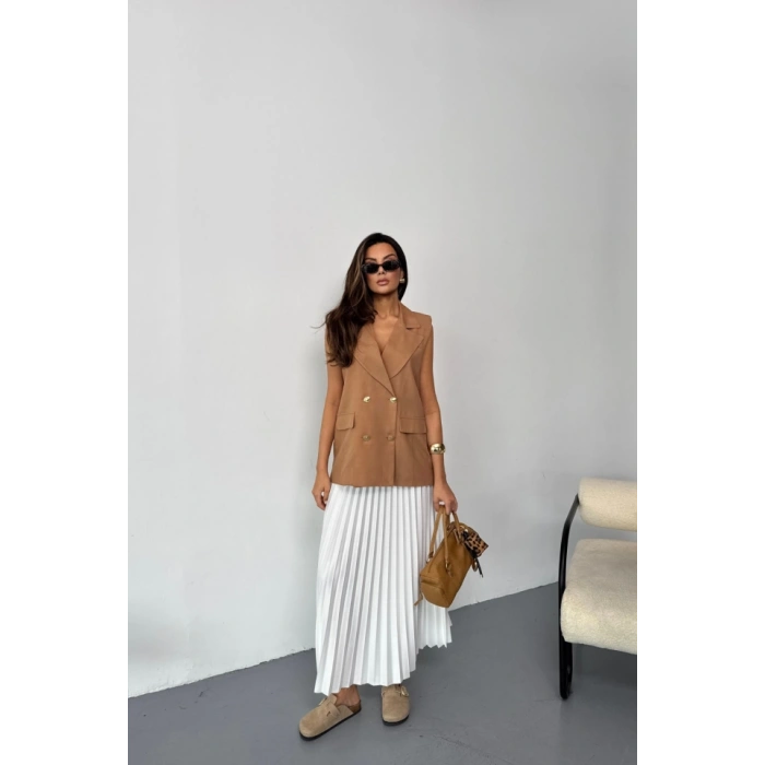 GOLD DÜĞMELİ KETEN YELEK - Kahverengi