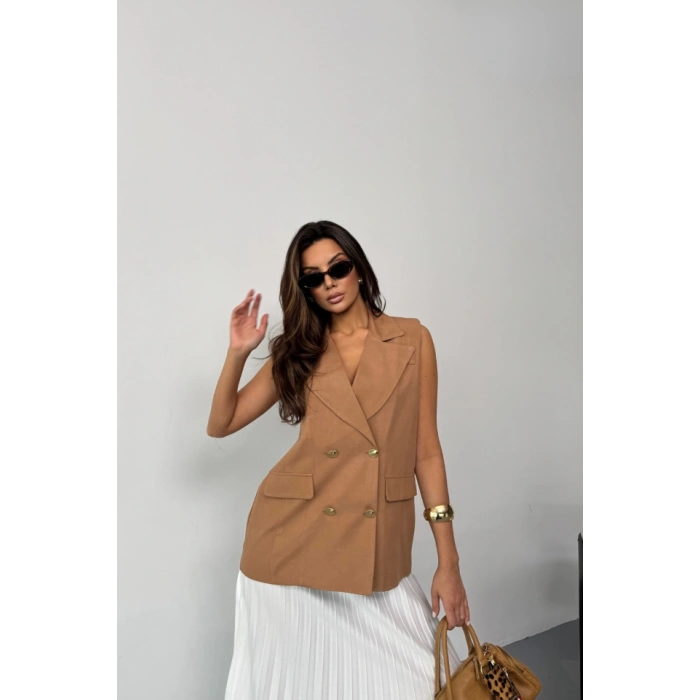 GOLD DÜĞMELİ KETEN YELEK - Kahverengi