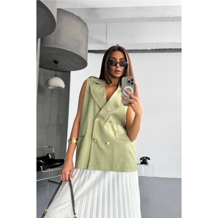 GOLD DÜĞMELİ KETEN YELEK - Yeşil
