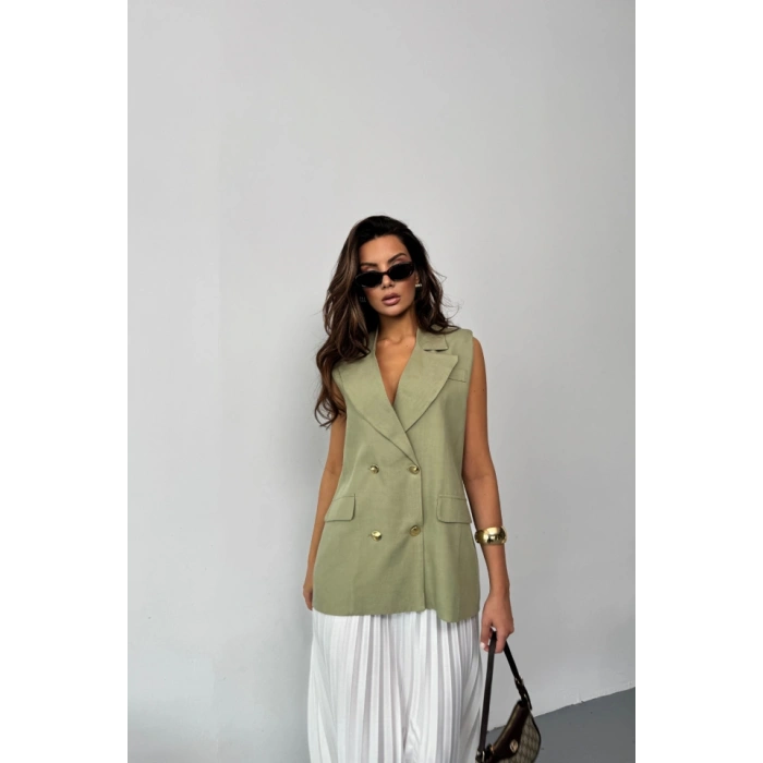 GOLD DÜĞMELİ KETEN YELEK - Yeşil