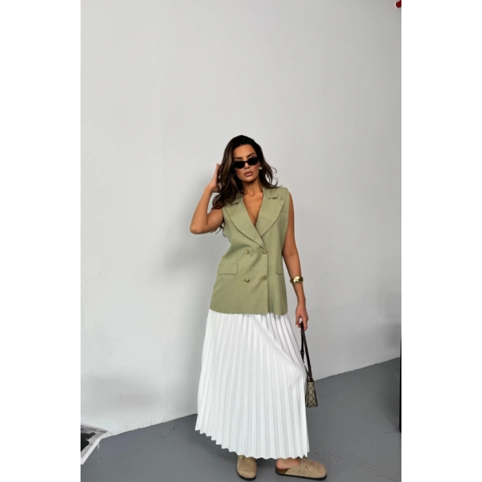 GOLD DÜĞMELİ KETEN YELEK - Yeşil