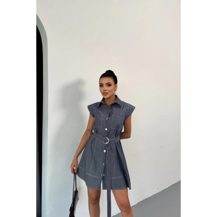 GÖMLEK ELBİSE KOLSUZ TENCEL KUMAŞ - Mavi