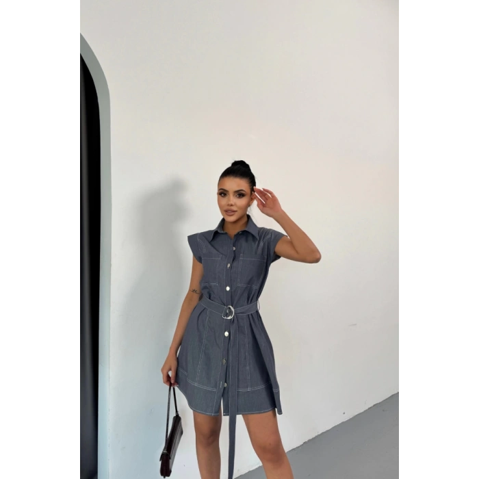 GÖMLEK ELBİSE KOLSUZ TENCEL KUMAŞ - Mavi