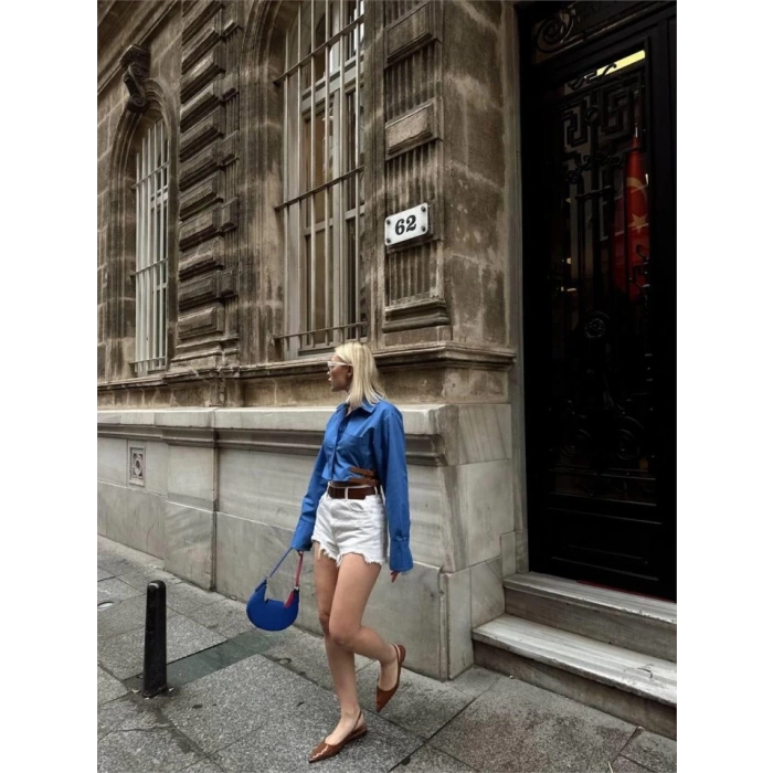 GÖMLEK POPLİN CROP YAN ÇİFT KEMER DETAYLI - Mavi