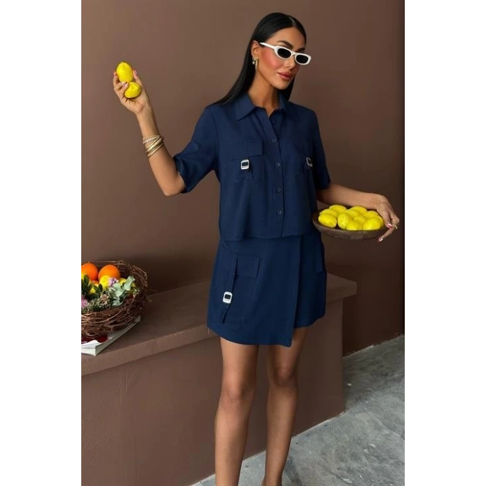 Gömlek Şort Etek Viscon Keten Takım 10162