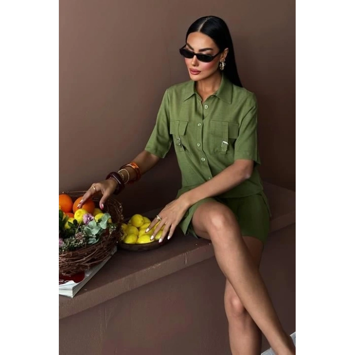 Gömlek Şort Etek Viscon Keten Takım 10162